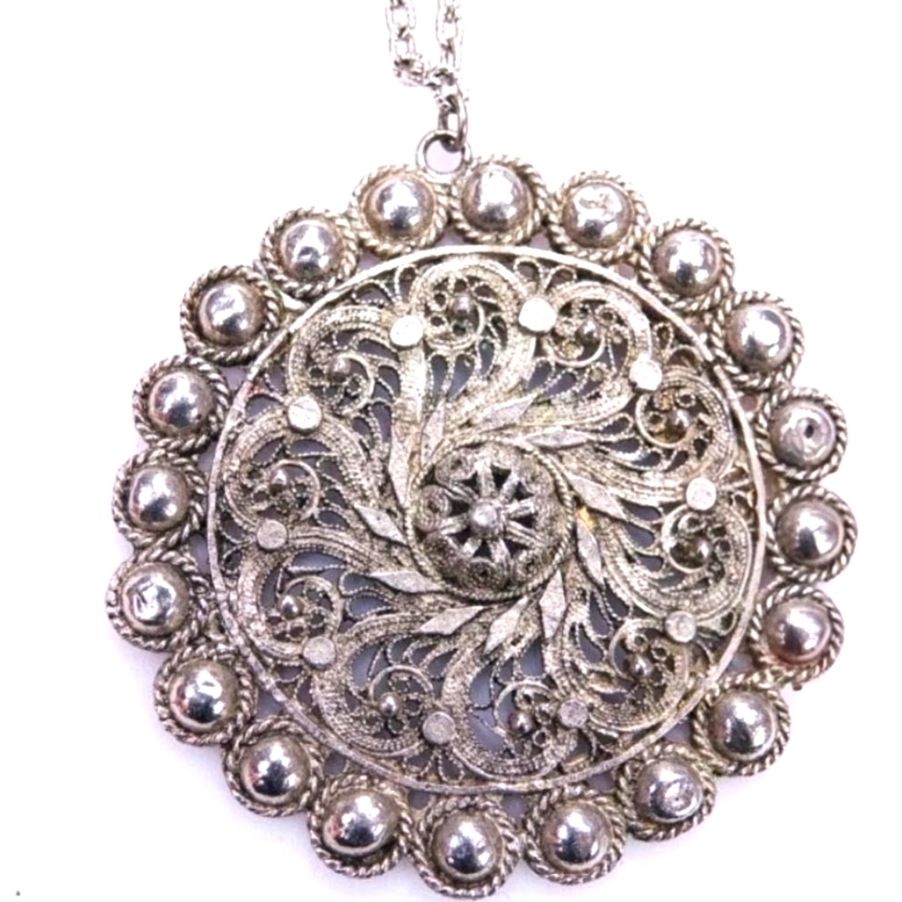 Large Silver Tone Boho Exotic Filigree Pendant